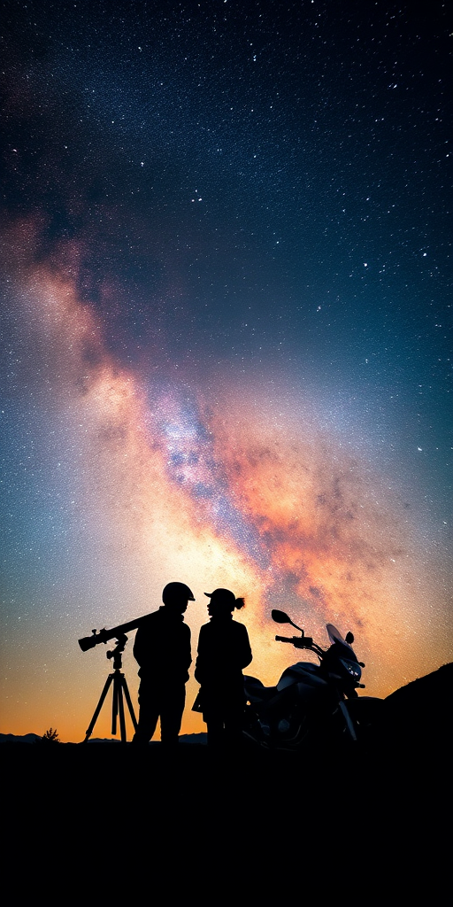 capture a silhouette of two people with a telescope and a motorcycle against a vibrant Milky Way sky at night, use a Canon EOS 5D, 24mm lens, f/2.8 aperture, ISO 1600, 20-second exposure, and a low-angle perspective to enhance the dramatic effect of the stars and colors in the background.