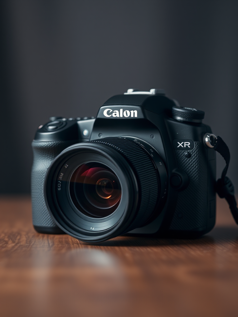 Capture a high-resolution image of a DSLR camera from a slightly elevated angle, using a 50mm lens at f/1.8, ISO 200, and a shutter speed of 1/125 sec, with soft diffused lighting to enhance details and texture.