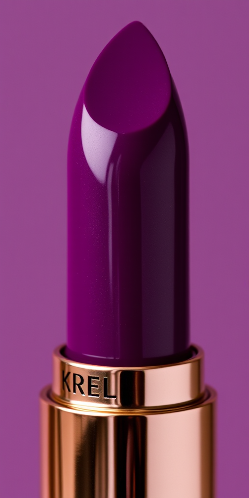 Deep plum lipstick with a glossy vinyl finish, titled "Midnight Orchid," boasting intense pigmentation and a high-shine, wet-look appearance