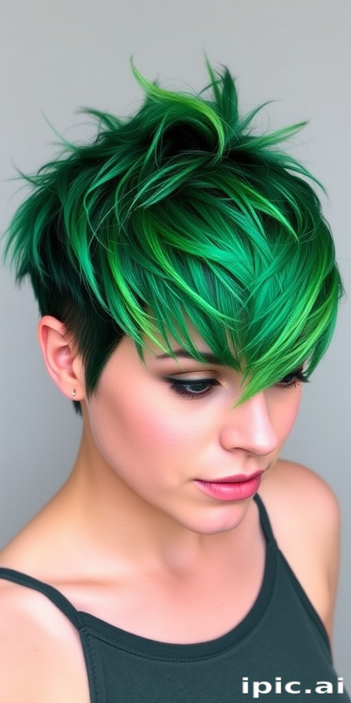 Emerald green pixie cut with choppy layers and a spiky crown, called "Evergreen Punk," featuring darker jade lowlights and a shimmering lime green fringe