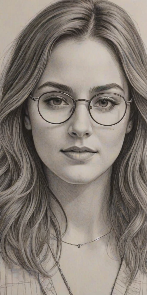 Graceful Scout Taylor-Compton, pencil sketch, portrait of Enchanting woman 1944s in glasses, hair style beatnik, outline, clear lines, fine lines, 8k