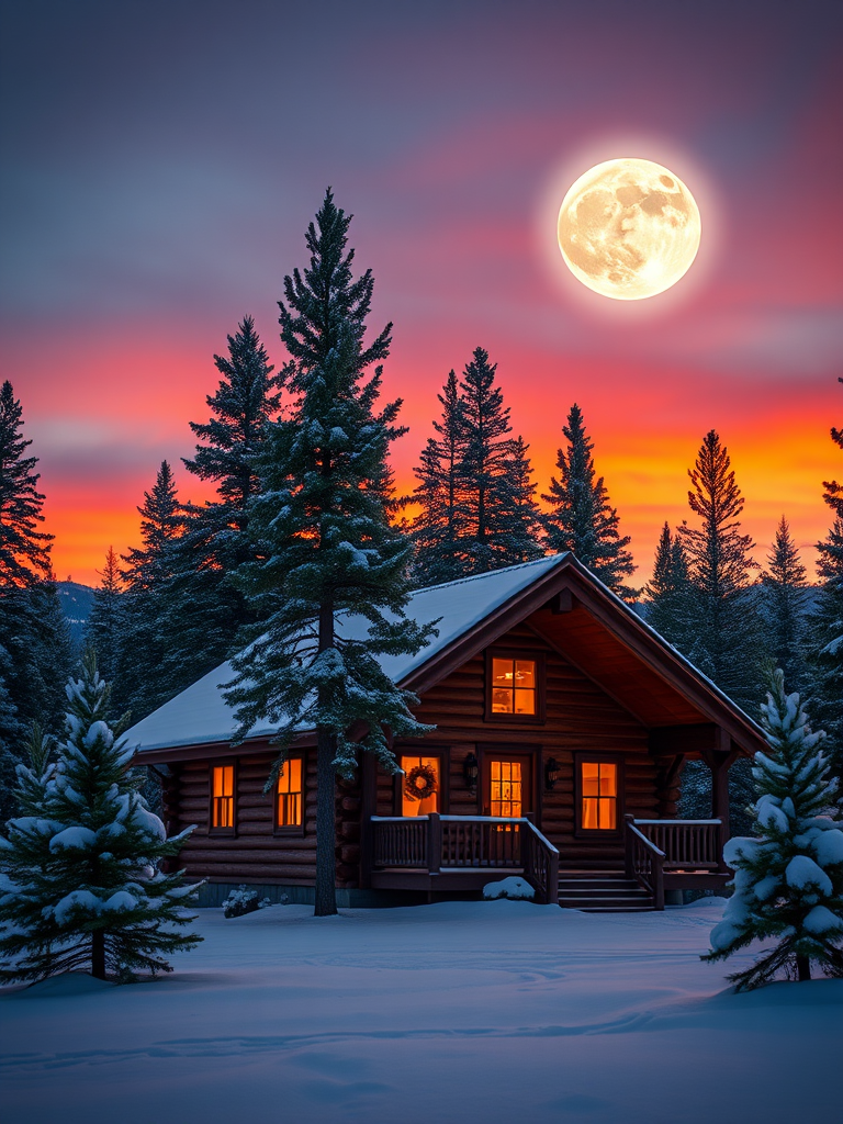 a cozy log cabin in a snowy landscape under a full moon, surrounded by tall pine trees, snow gently falling, vibrant sunset colors in the background, captured with a DSLR camera, 24mm lens, aperture f/8, ISO 200, shot at twilight to enhance the warm glow from the cabin windows.