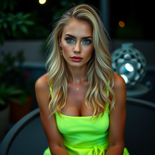 Alluring photo of woman:caucasian:0.4, highlight hair, wearing Neon dress, sitting on Patio furniture, rim lighting, studio lighting, looking at the camera, dslr, ultra quality, sharp focus, tack sharp, dof, film grain, Fujifilm XT3, crystal clear, 8K UHD, highly detailed glossy eyes, high detailed skin, skin pores