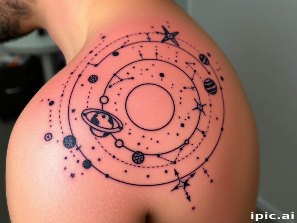 Cosmic dotwork tattoo showcasing a detailed solar system with planets and constellations, gradually fading into the skin to create the illusion of infinite space