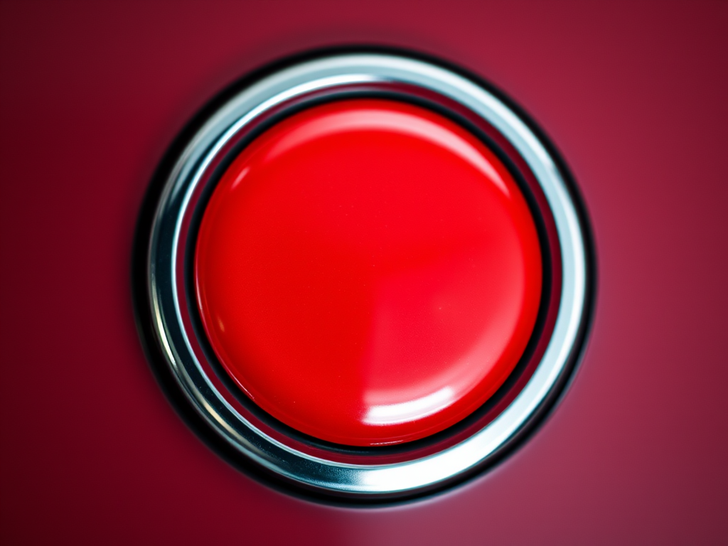 A glossy red button with a metallic silver border, captured in macro view using a DSLR camera, aperture f/2.8, shutter speed 1/100s, and ISO 100 for high detail and vibrant colors.