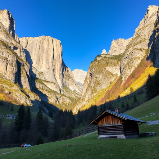 regenerate the image of a Swiss valley with towering cliffs and a small wooden cabin in the foreground under a clear blue sky, using a full-frame camera, 24mm lens, f/8 aperture, ISO 100, at a low angle for depth, with natural lighting and vibrant colors
