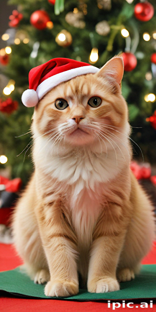 Adorable Cat Dressed in Santa Hat Poses by Christmas Tree Decorations