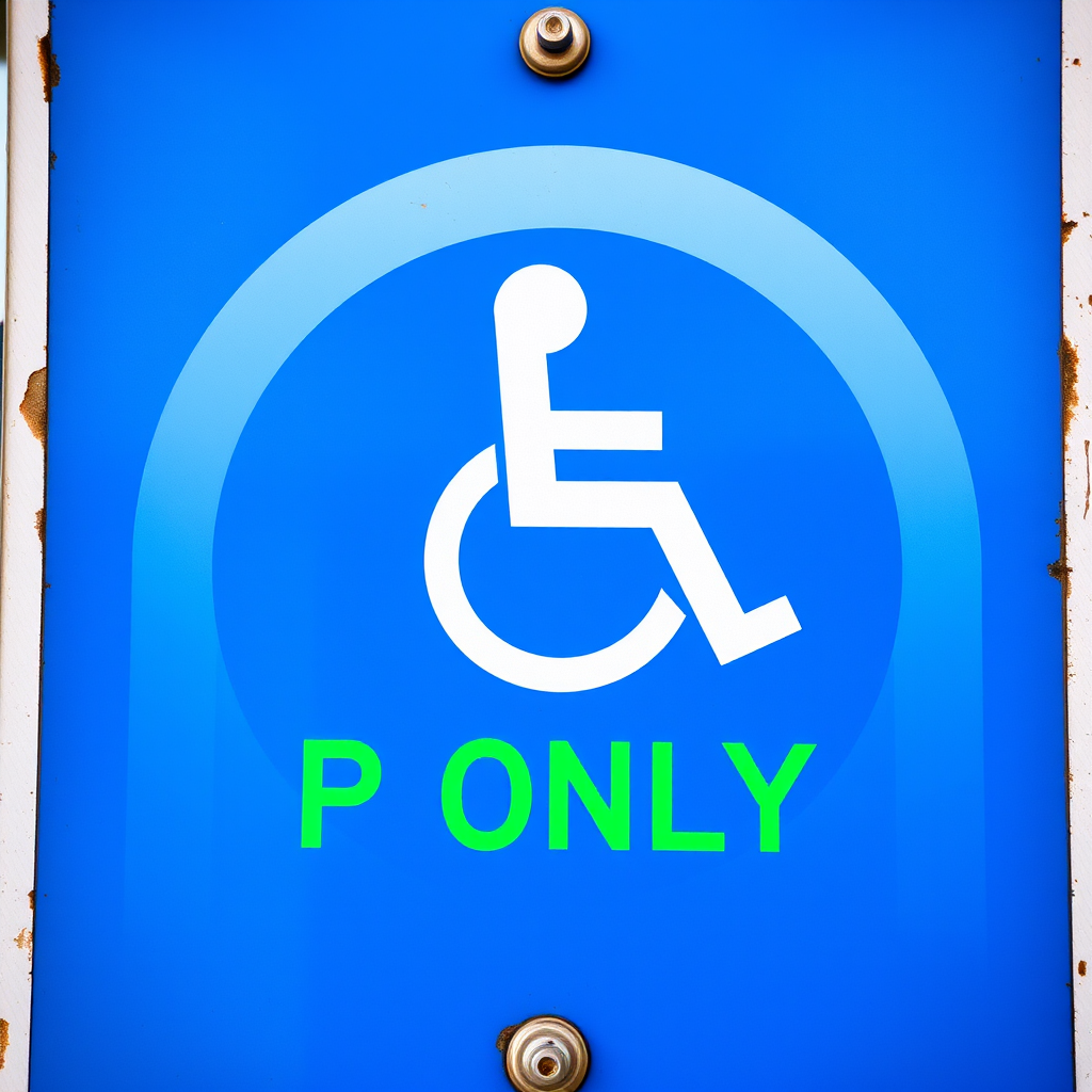 Create a high-resolution image of a blue parking sign with a wheelchair symbol and the text "P ONLY" in green, using a DSLR camera, aperture f/4, ISO 100, 50mm lens, shot from eye level to enhance clarity and detail.