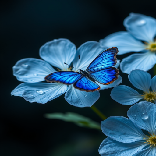 Create an image of delicate blue flowers with intricate petals and a few water droplets on them. Include a vibrant blue butterfly gracefully perched on one of the flowers, set against a dark, softly blurred background that enhances the colors and details of the flowers and butterfly.