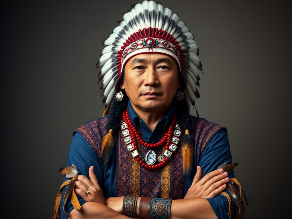 Create a dignified portrait of a Native American man dressed in traditional attire. He wears a beautifully crafted headdress adorned with white feathers and red beads, along with a beaded headband featuring intricate patterns. His clothing includes a deep blue, patterned shirt and a traditional chest piece with detailed beadwork. His arms are crossed, displaying leather armbands decorated with feathers. The background is simple and neutral, emphasizing his proud and stoic expression. The overall image captures the rich cultural heritage and strength of his persona.