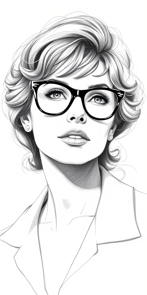 Beautiful Sophia Loren, pencil sketch, portrait of beautiful woman 60s in glasses, hair style beatnik, outline, clear lines, fine lines, 8k