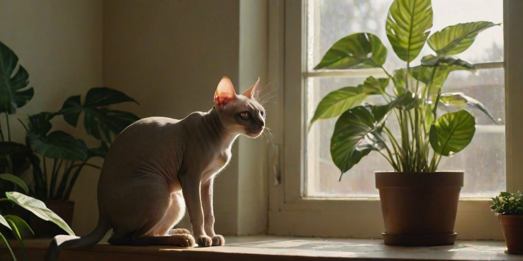 A dynamic medium shot capturing a playful sphinx cat perched on a windowsill, basking in the warm sunlight, its ears perked up, surrounded by leafy indoor plants that cast gentle shadows