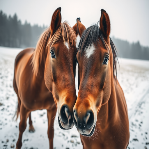 A close-up shot of two brown horses touching noses in a snowy field during overcast weather, with a shallow depth of field, 50mm lens, aperture f/1.8, ISO 200, shutter speed 1/200s, DSLR camera.