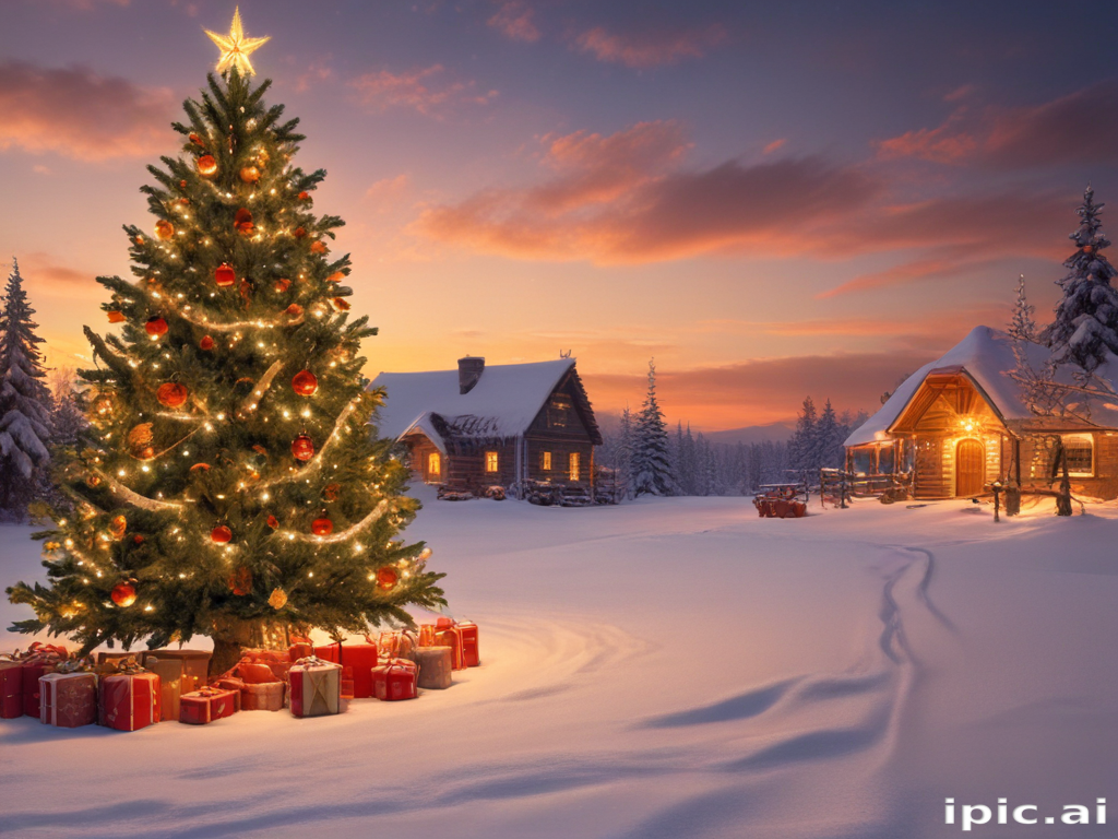 Enchanting Winter Evening with a Festive Christmas Tree and Cozy Cabins