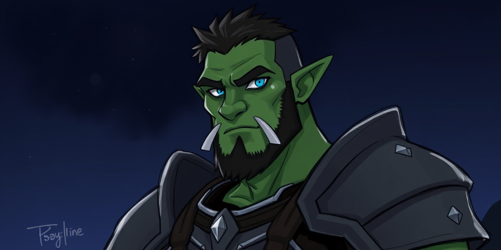 safe, sketch, 1boy, solo, male focus, mature male, orc, green skin, tusks, blue eyes, short hair, black hair, facial hair, beard, mustache, looking at viewer, armor, shoulder armor, breastplate, pauldrons, upper body, closed mouth, standing, outdoors, night, night sky, dark background