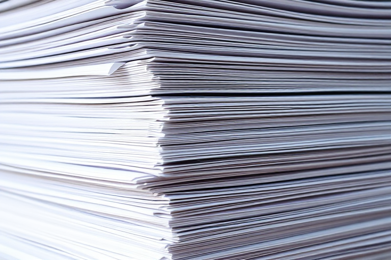 A close-up shot of a neatly stacked pile of white papers with an emphasis on texture and detail, taken with a Canon EOS 5D Mark IV, 50mm lens, aperture f/1.8, ISO 100, natural light.