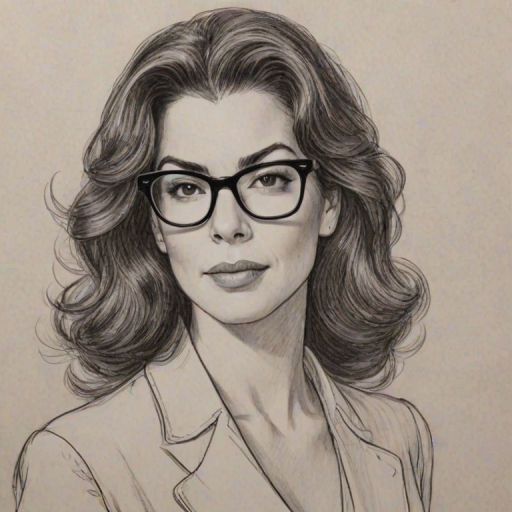 Attractive Annabella Sciorra, pencil sketch, portrait of Magnificent woman 1942s in glasses, hair style beatnik, outline, clear lines, fine lines, 8k