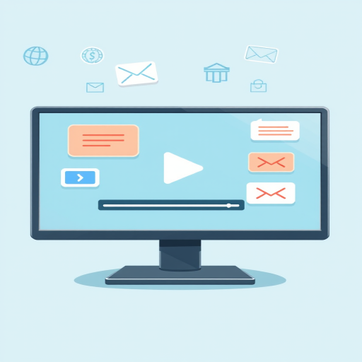 create a digital illustration of a computer screen displaying a video play button with chat bubbles, in a light blue background with icons like globe, dollar sign, and email, use a high-resolution setting, 50mm lens, f/8 aperture, and soft lighting for clarity and detail.