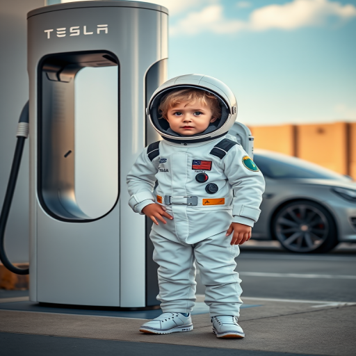Create an image of a young child in an astronaut suit standing confidently next to a Tesla charging station, captured with a Canon EOS R5, 50mm lens, f/1.8 aperture, ISO 100, and a soft, natural light setting to enhance clarity and color vibrancy.