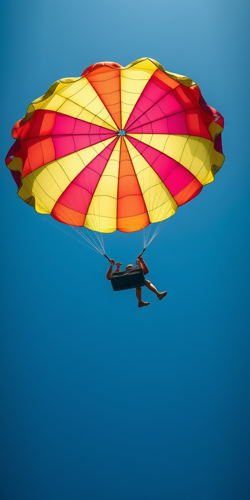 capture a vibrant parachute against a clear blue sky, focus on the intricate patterns of the fabric, use a DSLR camera, 50mm lens, aperture f/8, shutter speed 1/2000s, ISO 100, shot from a low angle for dramatic effect