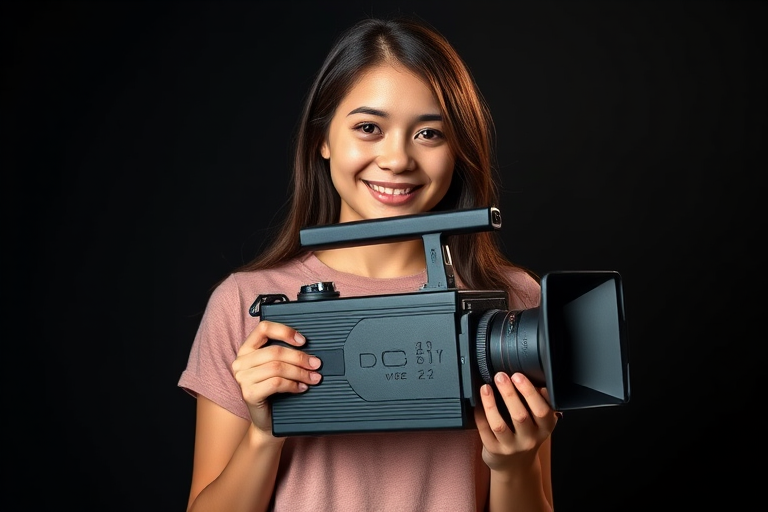portrait of a smiling young woman holding a vintage video camera in a studio setting with dark background, f/2.8 aperture, 1/125 shutter speed, ISO 100, 50mm lens, soft lighting, medium shot