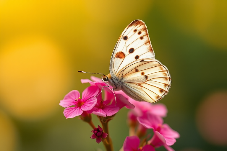 Generate an image of a delicate butterfly with white wings adorned with black spots, resting on vibrant pink flowers. The background should be softly blurred with a warm, greenish hue to create a serene and natural atmosphere. Focus on the intricate details of the butterfly's wings and the petals of the flowers.