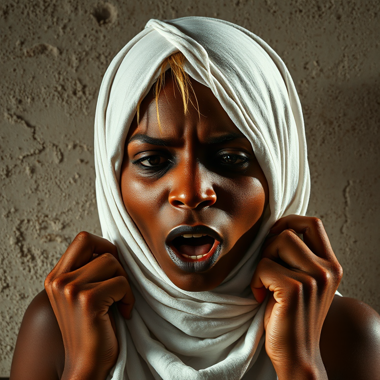 Create a close-up photographic image of a Oromo woman with light skin tones shown against an old, worn wall. Their head is wrapped in a white cloth covering (i.e.... parts of the head except the nose and mouth, which are open as if they are screaming...), with a slight texture and visible folds in the fabric. Thin strands of blonde hair escape from the wrapping above, falling lightly at the top and sides. Their hands hold the fabric as if they are tugging nervously. The lighting is dramatic and even, casting strong shadows. The image has a minimalist and surreal style with an emphasis on simplicity with soft color tones. The composition is centered.
