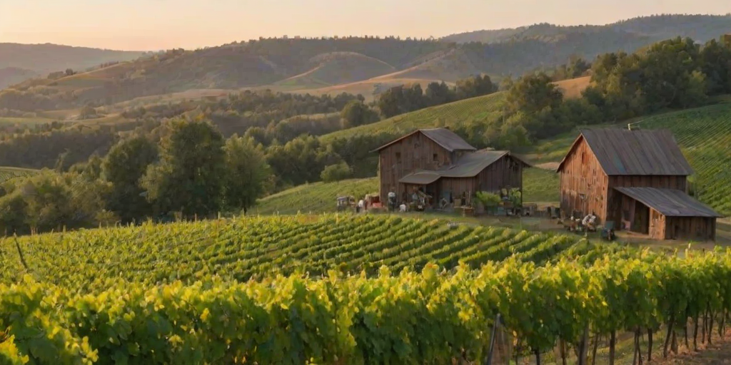 Scenic vineyard during harvest, with workers picking grapes, lush green hills in the background, and a rustic barn adding charm to the landscape.