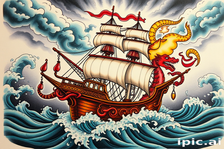 Neo-traditional ship tattoo with bold outlines and vibrant colors, incorporating mythical sea creatures and stormy skies to create a dynamic and visually striking nautical scene