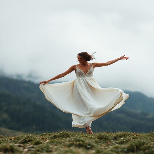 full body shot of a woman in a flowing dress twirling in a misty mountainous landscape, soft natural lighting, focal length 50mm, aperture f/1.8, ISO 200, shot with a DSLR camera from a low angle to capture movement and depth