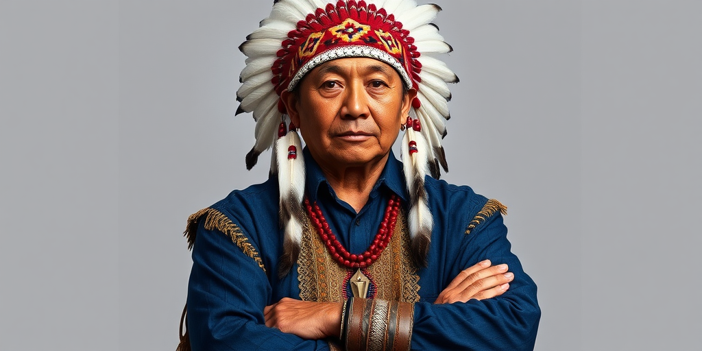 Create a dignified portrait of a Native American man dressed in traditional attire. He wears a beautifully crafted headdress adorned with white feathers and red beads, along with a beaded headband featuring intricate patterns. His clothing includes a deep blue, patterned shirt and a traditional chest piece with detailed beadwork. His arms are crossed, displaying leather armbands decorated with feathers. The background is simple and neutral, emphasizing his proud and stoic expression. The overall image captures the rich cultural heritage and strength of his persona.