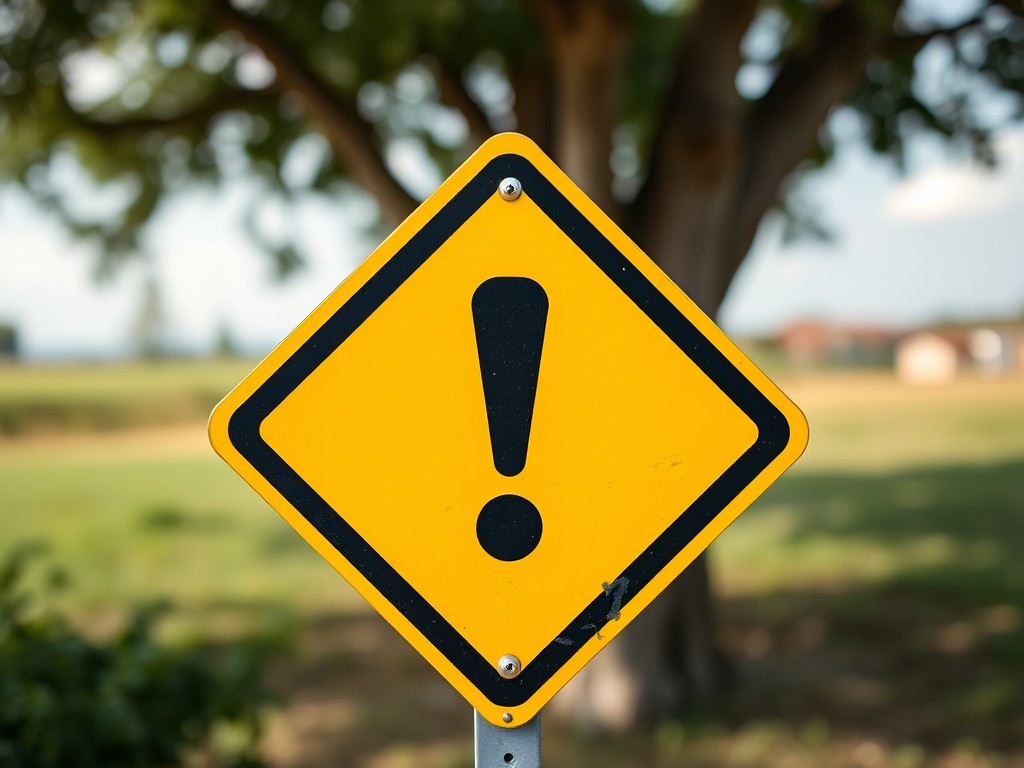 Create a high-resolution image of a yellow warning sign with a black exclamation mark in the center, captured using a DSLR camera with a 50mm lens, aperture of f/8, shutter speed 1/125 sec, ISO 100, taken from a straight-on perspective with natural lighting for clarity and detail.
