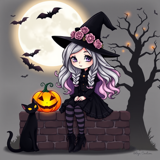 A cute, gothic-style cartoon of a young witch resembling Wednesday Addams sitting on a brick wall under a full moon. She has long wavy hair with silver, pink, and purple ombre highlights, and wears a classic black witch hat decorated with a pumpkin and roses. She is dressed in a black frilly dress with striped stockings and black shoes. A glowing Jack-o'-lantern sits beside her, and a black cat with glowing orange eyes is next to her. The background features a large moon, silhouetted bats, and a spooky tree, with a soft monochrome and slightly glowing effect, creating a magical Halloween atmosphere.
