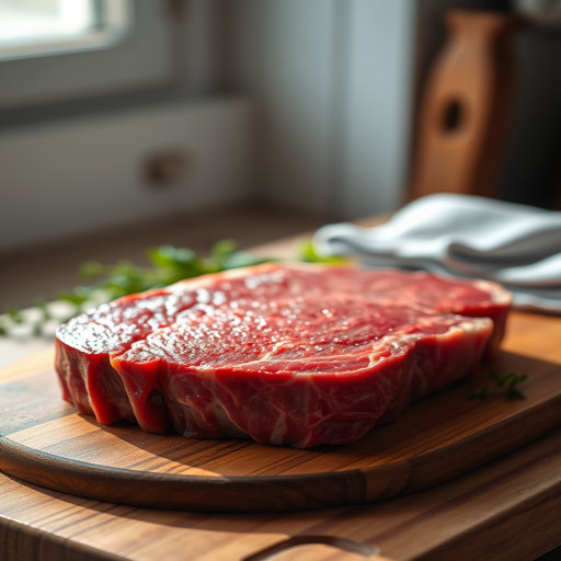Create a realistic image of a raw steak on a cutting board with natural lighting, using a DSLR camera at f/2.8 aperture, ISO 100, 50mm lens, and a shallow depth of field for focus on the texture of the meat.