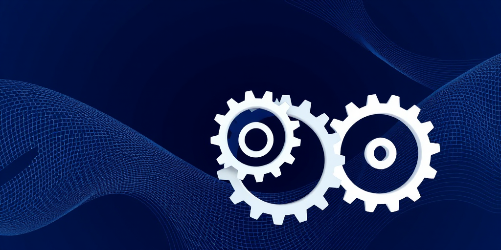 Create an abstract image featuring three overlapping gears of varying sizes in white against a dark blue background with flowing mesh lines, use a DSLR camera, aperture f/8, shutter speed 1/125s, ISO 100, 50mm lens, top-down view, HDR style for enhanced detail.