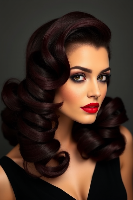 Sultry dark burgundy mane styled in voluminous vintage victory rolls, exuding old Hollywood glamour, aptly named "Velvet Vixen"