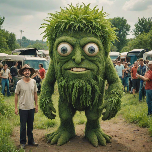 professional high-resolution photograph of 1giant green Cyclops with 2 eyes person made of plants,1woman, smile, 1man, hat, outdoors, multiple men, sky, day, 2men, grin, colored skin, traditional media, parody, ground vehicle, motor vehicle, car, green skin, truck, humongous giant green man standing in background, humongous green plant Cyclops person with 2 eyes