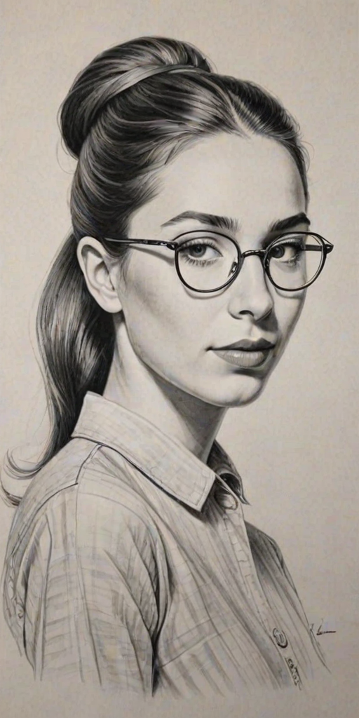 Beauteous Danielle Haim, pencil sketch, portrait of Beauteous woman 1953s in glasses, hair style beatnik, outline, clear lines, fine lines, 8k