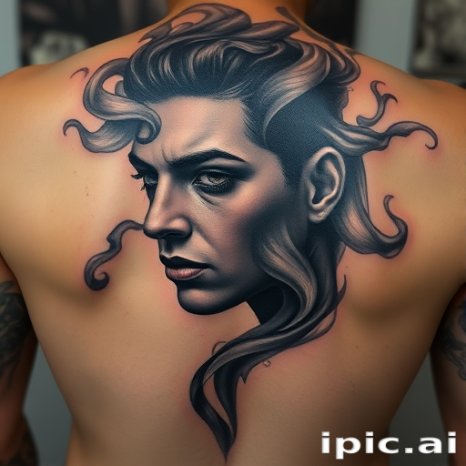 Captivating realism tattoo portrait on the back showcasing a hyper-detailed face emerging from swirling smoke tendrils with expert shading and subtle color accents for added depth