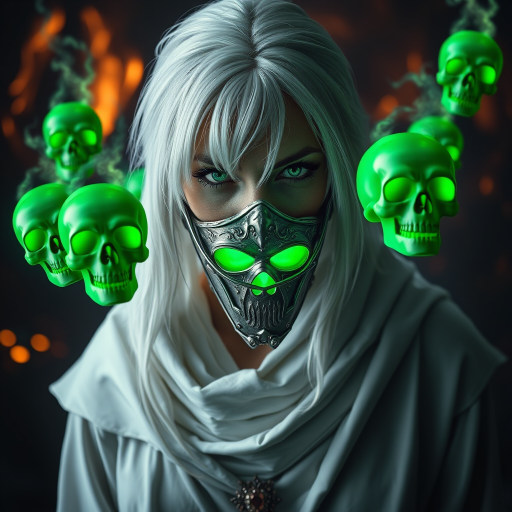 A cinematic shot of an Evil necromancer with white hair and green eyes, wearing a white robe and metal mask covering her mouth, she is summoning green floating skull heads, green glowing skulls, hell in background, hkmagic