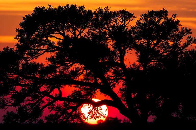 Create a highly detailed, high-resolution illustration of a silhouetted tree with intricate branches and foliage against a vibrant sunset background, using a DSLR camera with a 50mm lens, f/1.8 aperture, ISO 200, and a shallow depth of field to capture depth and clarity.