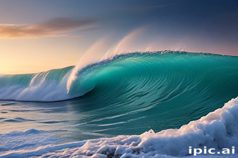 Majestic Ocean Wave Crashing Against the Shore at Sunset Glow
