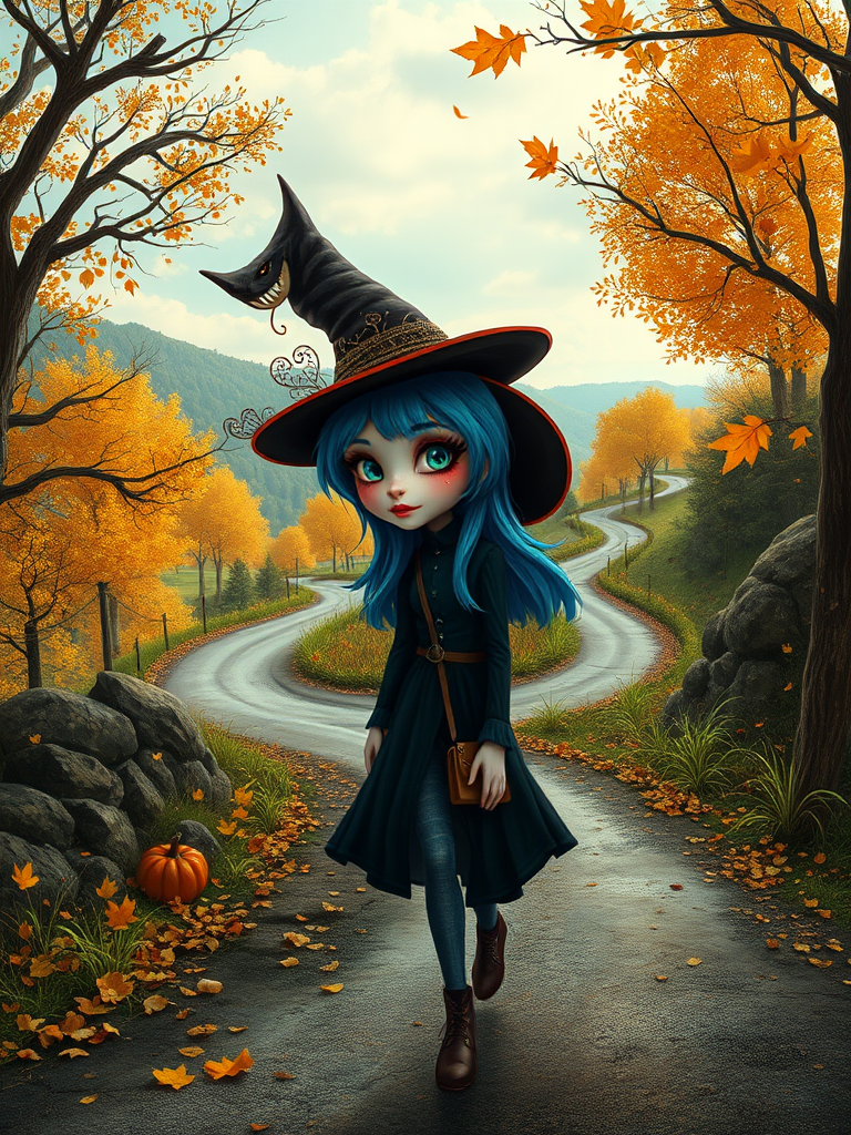 digital art fantasy depicting a strange girl with blue hair, long eyelashes, orange lipstick and a tall hat walking along a winding road on an autumn afternoon, an Cobra smiles as she passes