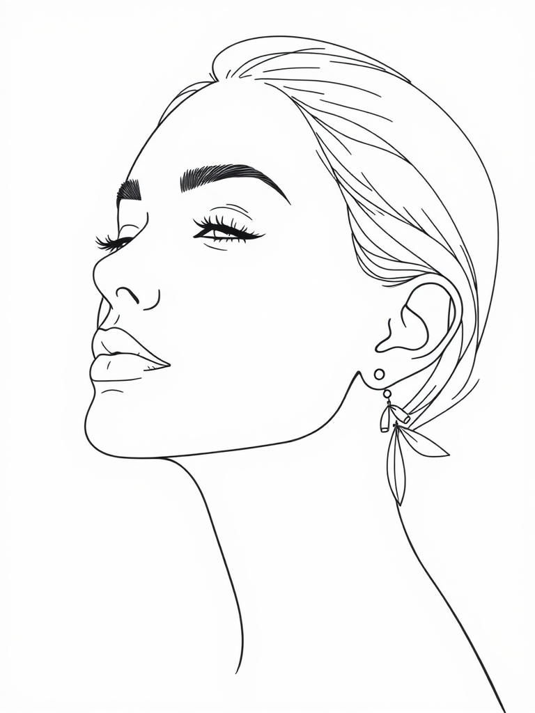 Create a minimalist line art portrait of a person with a serene expression, showcasing a side profile with exaggerated facial features, soft curves, and elegant earrings, using a Canon EOS R camera, 50mm lens, f/1.8 aperture, ISO 100, 1/200 sec shutter speed, natural light, high contrast monochrome style.