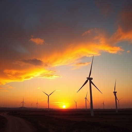 sunset over a landscape with wind turbines, vibrant orange and yellow hues in the sky, low-angle view, DSLR camera, f/8 aperture, ISO 100, 1/250 sec shutter speed, wide-angle lens