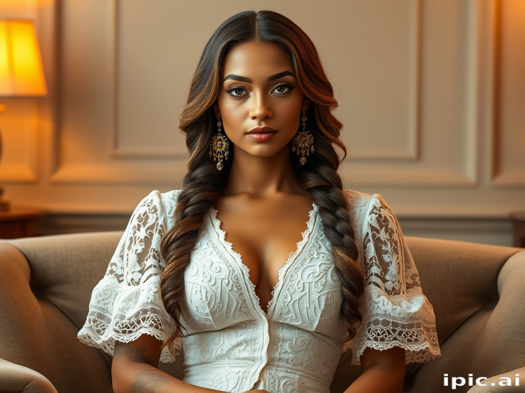 Create a portrait of a refined and elegant woman seated in a sophisticated setting. She has long, wavy hair styled in two thick braids that are pulled over her shoulders. She wears a white, lace gown with intricate patterns, featuring a deep V-neckline and short sleeves. The dress exudes a vintage charm with its delicate lacework. She is adorned with ornate, dangling earrings that add a touch of glamour to her appearance. The background is softly lit, with warm, ambient lighting that creates a cozy and inviting atmosphere. Her expression is poised and serene, capturing a sense of grace and elegance.