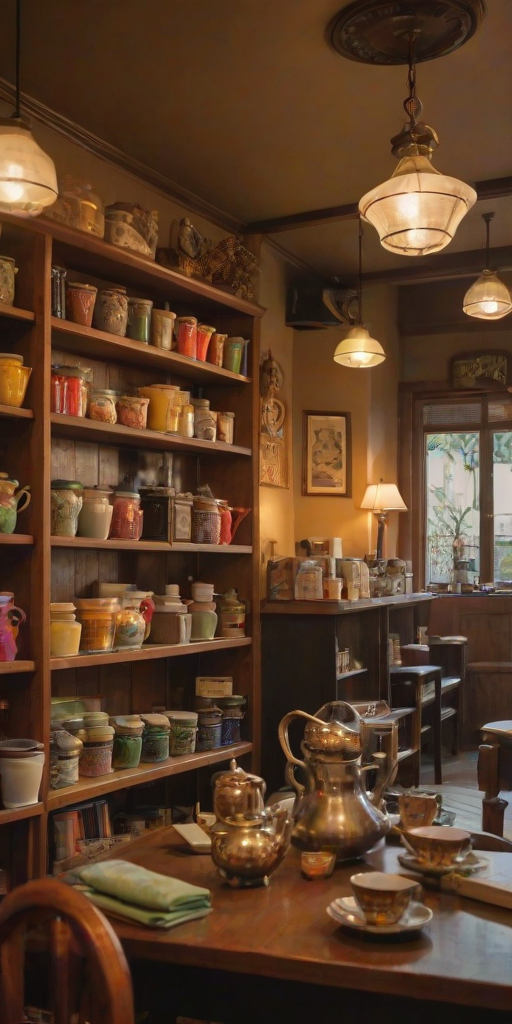 Warmly lit photo of a charming tea shop, with shelves lined with colorful teapots and loose-leaf teas, soft light illuminating the cozy seating area filled with patrons.