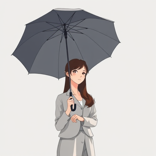 Regenerate an illustration of a woman holding a gray umbrella, standing confidently, soft natural lighting, shot with a digital camera, f-stop 5.6, focal length 50mm, 1/125s shutter speed, high-resolution format.