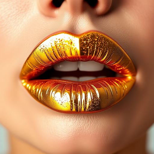 Bold metallic gold lips, shimmering and eye-catching, perfect for avant-garde fashion statements and high-impact makeup looks
