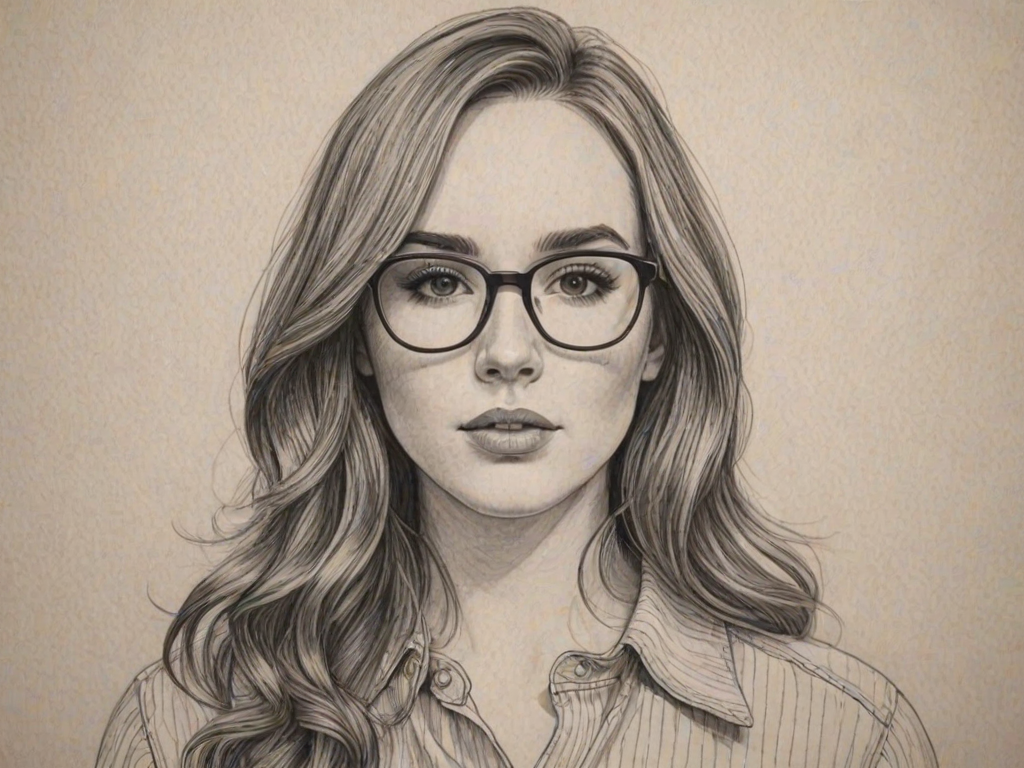 Captivating Camryn Grimes, pencil sketch, portrait of Gorgeous woman 1967s in glasses, hair style beatnik, outline, clear lines, fine lines, 8k
